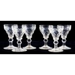 SIX CUT GLASS WINES ON KNOPPED STEM, 11CM H