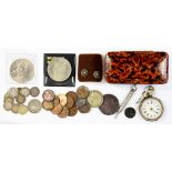 A SILVER CYLINDER FOB WATCH AND A SMALL QUANTITY OF BRITISH SILVER AND OTHER COINS, ETC