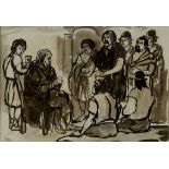 WILLEM KLYN - JACOB AND HIS SONS, 1949, SIGNED, INK AND WASH, 22CM X 32CM