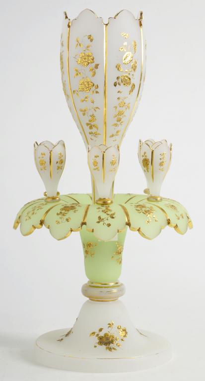 A VICTORIAN PALE GREEN AND FROSTED OPAL GLASS CENTREPIECE, DECORATED IN RAISED GILDING, THE