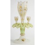 A VICTORIAN PALE GREEN AND FROSTED OPAL GLASS CENTREPIECE, DECORATED IN RAISED GILDING, THE