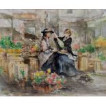 GORDON KING - THE FLOWER MARKET; DECORATING BONNET, A PAIR, BOTH SIGNED, WATERCOLOUR, 54CM X 70CM