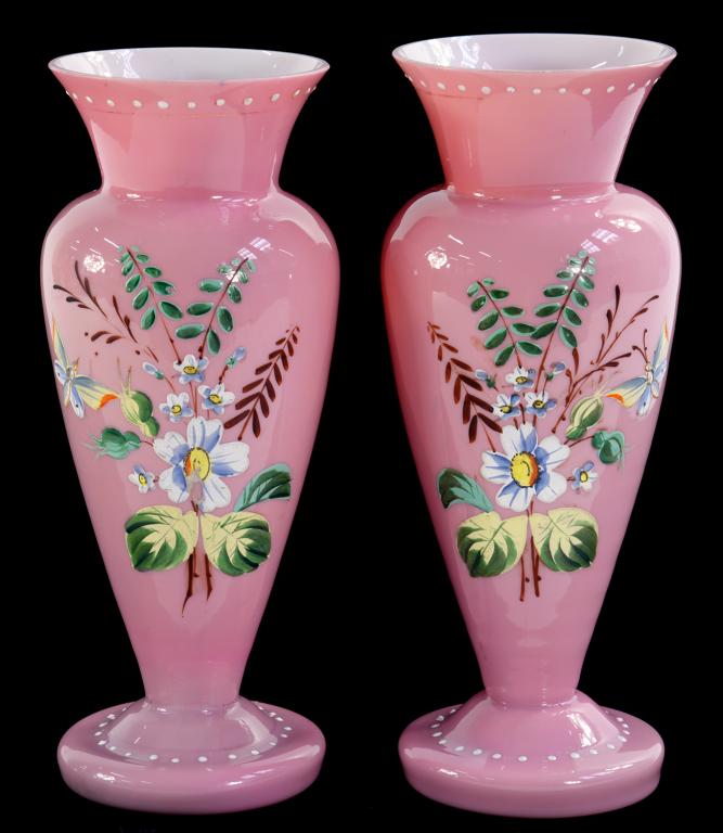 A PAIR OF 19TH CENTURY ENAMELLED PINK CASED GLASS VASES, 23.5CM H