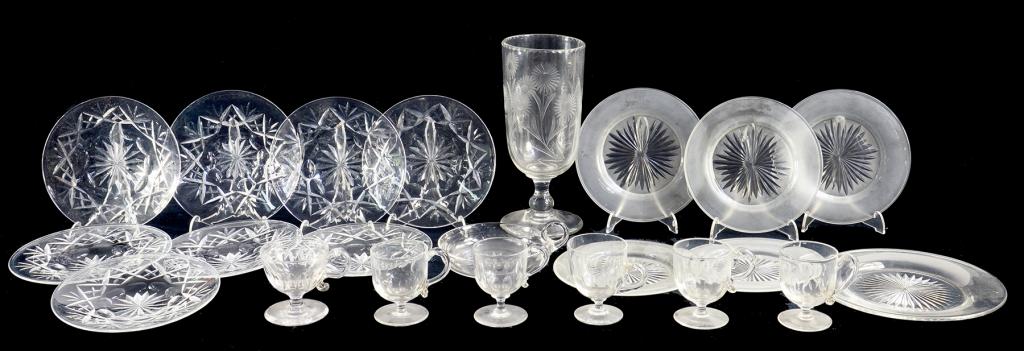 A SMALL QUANTITY OF GLASS, INCLUDING CUSTARD CUPS AND A CELERY VASE DECORATED WITH FLORAL ETCHING,
