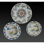 TWO ENGLISH DELFTWARE CHINOISERIE PLATES AND AN ANN GOMM PATTERN DISH, ALL LONDON, C1770 & C1792