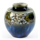 A DOULTON WARE GLOBULAR VASE DECORATED WITH A BAND OF STYLISED FLOWERS, 14CM H, IMPRESSED MARKS,