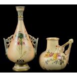 A ROYAL WORCESTER VASE AND SIMILAR JUG, PRINTED AND PAINTED WITH WILD FLOWERS ON A SHADED APRICOT