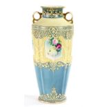 A NORITAKE VASE PAINTED WITH PANELS OF ROSES, 39CM H, PRINTED MARK