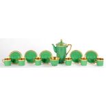 A CROWN DEVON GREEN AND GILT COFFEE SET, COFFEE POT AND COVER 21CM H, CIRCA 1930