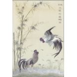 A JAPANESE NEEDLE PAINTING OF FIGHTING COCKS, 64CM X 42CM, MEIJI PERIOD