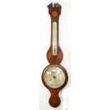 A VICTORIAN MAHOGANY AND LINE INLAID BAROMETER WITH SHELL AND FLOWER PATERAE, THE SILVERED DIAL