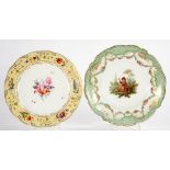 A COALPORT DESSERT PLATE PAINTED WITH A CENTRAL SPRAY IN MOULDED PRIMROSE BORDER WITH INDIVIDUAL