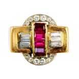 A MID CENTURY RUBY AND DIAMOND RING in gold, unmarked, 6.9g, size O½ ++In satisfactory second hand