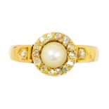 A VICTORIAN PEARL AND DIAMOND CLUSTER RING in 18ct gold, Birmingham 1892, 2.2g, size L ++In