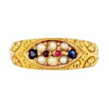 A VICTORIAN RUBY, SAPPHIRE AND SPLIT PEARL RING in 15ct gold, Chester 1888, 2.8g, size N ++