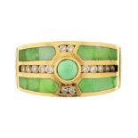 A DIAMOND, TURQUOISE AND GOLD AND ENAMEL RING marked 14K, 10.9g, size O ++In satisfactory second