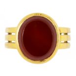A GOLD SIGNET RING agate set, marked 18, 8.7g, size L ++In satisfactory second hand condition