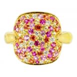 A RUBY, DIAMOND AND COLOURED DIAMOND RING in gold, marked 750, 8.9g, size N ++Satisfactory second