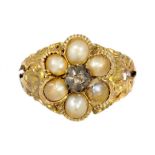 A SPLIT PEARL AND DIAMOND CLUSTER RING, 19TH C in chased gold with split shoulders, unmarked, 2.