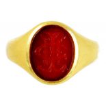 AN 18CT GOLD SIGNET RING with cornelian monogrammed intaglio, Birmigham 1935, 7.3g, size M ++