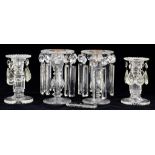 TWO PAIRS OF VICTORIAN CUT GLASS LUSTRE CANDLESTICKS, 13CM AND 15CM H