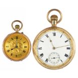 A SWISS GOLD KEYLESS CYLINDER FOB WATCH WITH ENGRAVED DIAL, MARKED 9K AND A WALTHAM GOLD PLATED