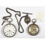 A SILVER WATCH BY BURDESS COVENTRY, ENGINE TURNED, LONDON 1878, A SILVER ALBERT AND FOB SHIELD AND A