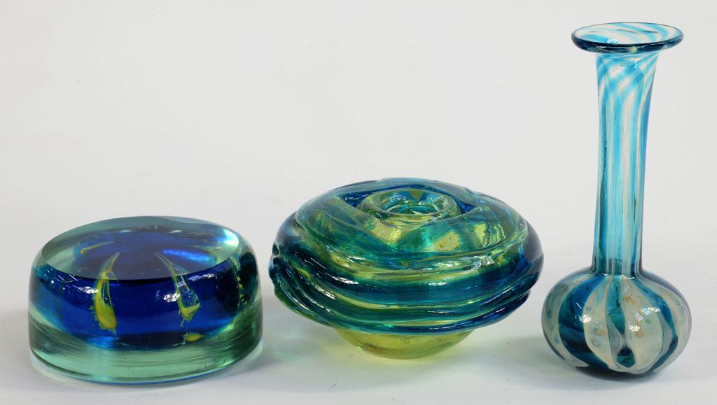 TWO MDINA GLASS VASES AND A PAPERWEIGHT, VASE 17CM H, EACH ENGRAVED MDINA