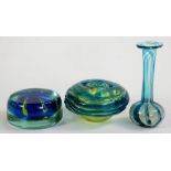 TWO MDINA GLASS VASES AND A PAPERWEIGHT, VASE 17CM H, EACH ENGRAVED MDINA