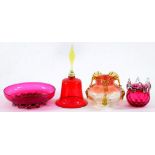 A VICTORIAN CRANBERRY GLASS HANDBELL ORNAMENT WITH OPALESCENT HANDLE, 25CM H, A VICTORIAN SHADED