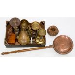 MISCELLANEOUS WOOD AND METALWARE TO INCLUDE A COPPER WARMING PAN, SET OF SCALES, COPPER JELLY MOULD,