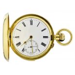 A SWISS 15CT GOLD KEYLESS LEVER MINUTE REPEATING HUNTING CASED WATCH WITH ENAMEL DIAL, THREE QUARTER