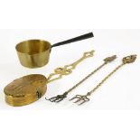 A SHEET BRASS CHESTNUT ROASTER WITH PIERCED HANDLE, TWO TOASTING FORKS AND A SAUCEPAN WITH IRON