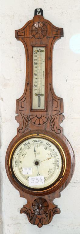 A CARVED OAK BAROMETER BY FRANKS OPTICIAN DERBY, WITH MERCURY THERMOMETER, 53CM H, CIRCA 1900