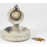 A SWISS SILVER CYLINDER FOB WATCH, C1890 AND A CONTEMPORARY TURNED LIGHT GREY MARBLE WATCH STAND