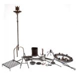 MISCELLANEOUS WROUGHT IRON ARTICLES, INCLUDING A DOOR BOLT, TRIPOD CANDLE STAND, GRIDDLE, CORONA