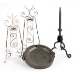 A VICTORIAN PEWTER WATER PLATE, 22.5CM D, A WROUGHT IRON PRICKET STICK, THE SPIKE ON SCROLL TRIPOD