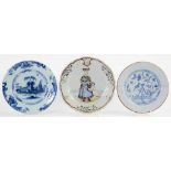 TWO ENGLISH DELFTWARE PLATES, MID 18TH C, ONE BROKEN AND RESTUCK, THE OTHER WITH MINOR FAULTS AND