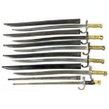 A FRENCH EPEE BAYONET AND SCABBARD AND FIVE FRENCH SABRE BAYONETS AND SCABBARDS various 19th c