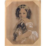 VICTORIAN SCHOOL, PORTRAIT OF A YOUNG GIRL WITH HER PET SPANIEL, BLACK AND WHITE CHALK ON COLOURED