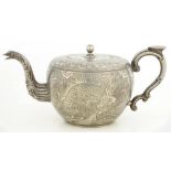 A CHINESE ENGRAVED PEWTER GLOBULAR TEAPOT AND COVER 11.5cm h, stamped WONG TAI STORE KEEPER and