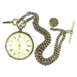 A SILVER LEVER WATCH WITH ENAMEL DIAL AND WALTHAM MOVEMENT, BIRMINGHAM 1883 AND A SILVER ALBERT,