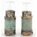 A PAIR OF CHINESE METAL MOUNTED MOTTLED GREEN HARDSTONE TABLE LIGHTS, DECORATED WITH SHOU