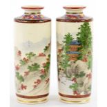 A PAIR OF JAPANESE SATSUMA EARTHENWARE VASES, OF CYLINDRICAL FORM WITH WAISTED NECK, 24CM H, EARLY