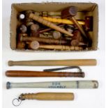 TREEN. ELEVEN VARIOUS AUCTIONEERS' AND OTHER WOODEN GAVELS, C1900 AND 20TH C AND FIVE BEECH AND