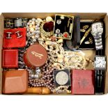 MISCELLANEOUS VINTAGE COSTUME JEWELLERY, WRISTWATCHES, COINS, ETC