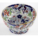 A STAFFORDSHIRE AMHURST JAPAN PATTERN PUNCH BOWL, 28CM DIAM, PRINTED MARK, 19TH C, RIVETED