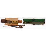 THREE LEATHER CARTRIDGE BAGS, A LEATHER CARTRIDGE BAG AND BANDOLIER, A LIGHT OAK GUN CASE, AN AIR