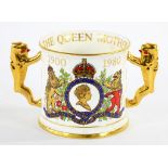 A PARAGON QUEEN MOTHER'S 80TH BIRTHDAY COMMEMORATIVE LOVING CUP, 13CM H, PRINTED MARK, 1980 BOXED