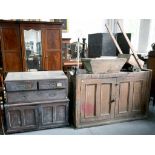 A VICTORIAN STAINED PINE MILITARY TRUNK, 40 X 96CM, A PINE WORKBENCH AND MISCELLANEOUS RURAL